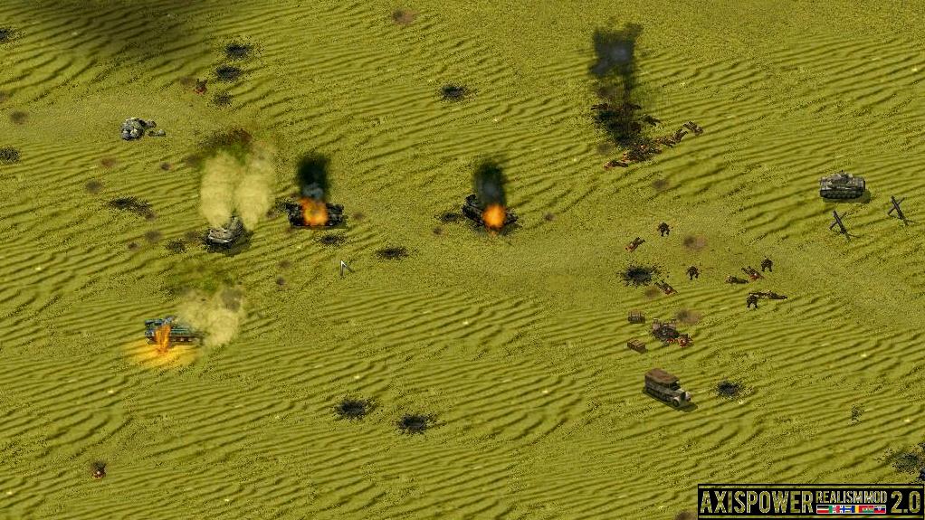 Burning allied tanks in the desert