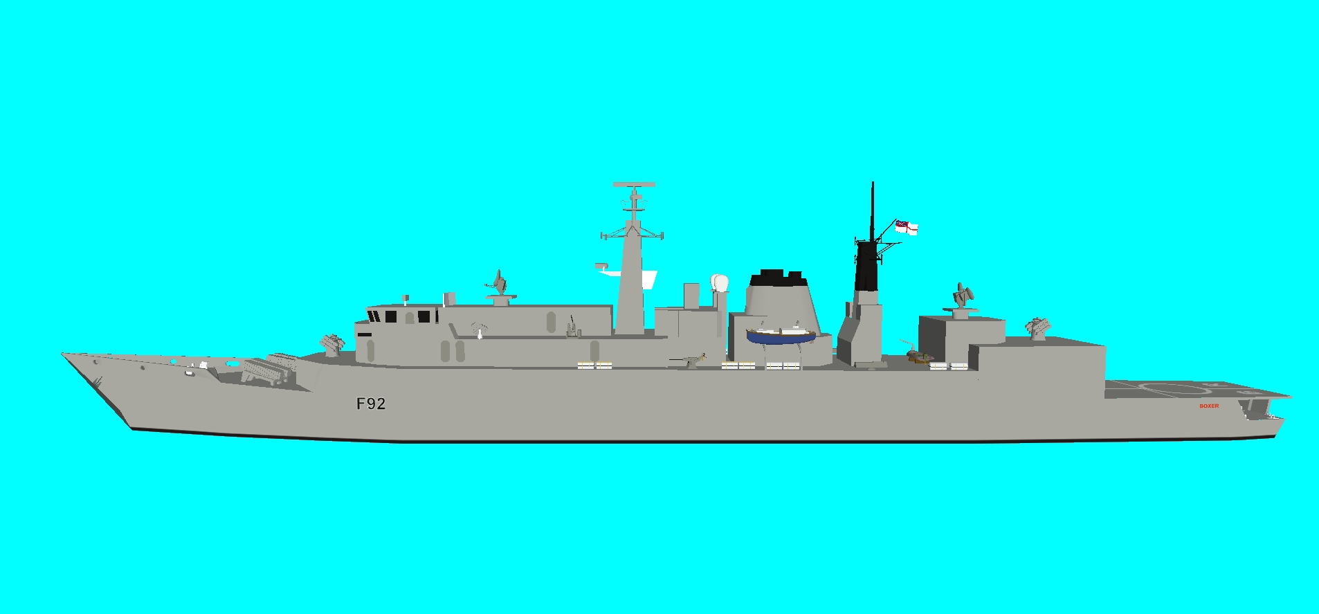 HMS Boxer(92); a Batch 2 vessel, with Exocet , Sea Wolf, 40mm Bofors, 20mm Oerlikon, and triple torpedo tubes.