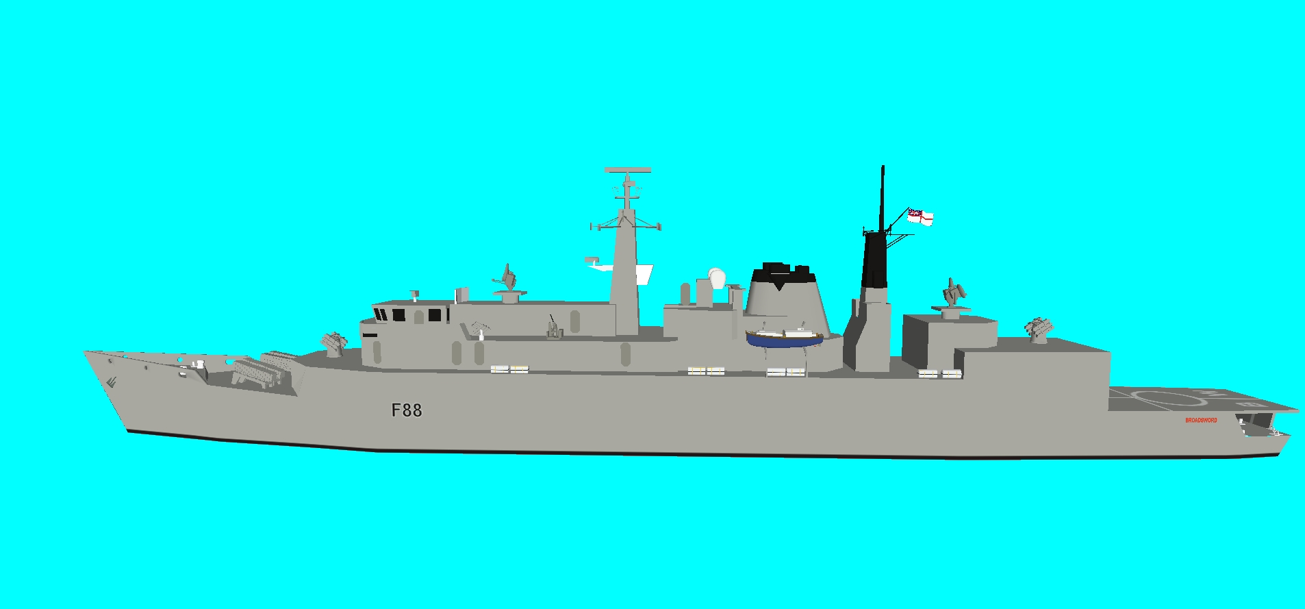 HMS Broadsword (F88); lead ship of the class, a Batch 1 vessel shown in original form with Exocet, Sea Wolf, 40mm Bofors and no torpedo tubes.