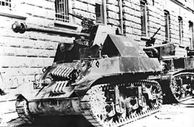 Yug-1stTankBrigade-PartisanImprovisationGerman75mmATGonM3A3-Trieste-May1945.jpg