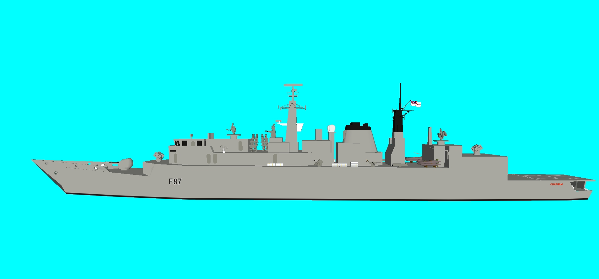 HMS Chatham (F87); a Batch 3 vessel, with 4.5in gun in lieu of Exocet, 20mm Oerlikon, twin 30mm Oerlikon, Goalkeeper CIWS, and triple torpedo tubes.